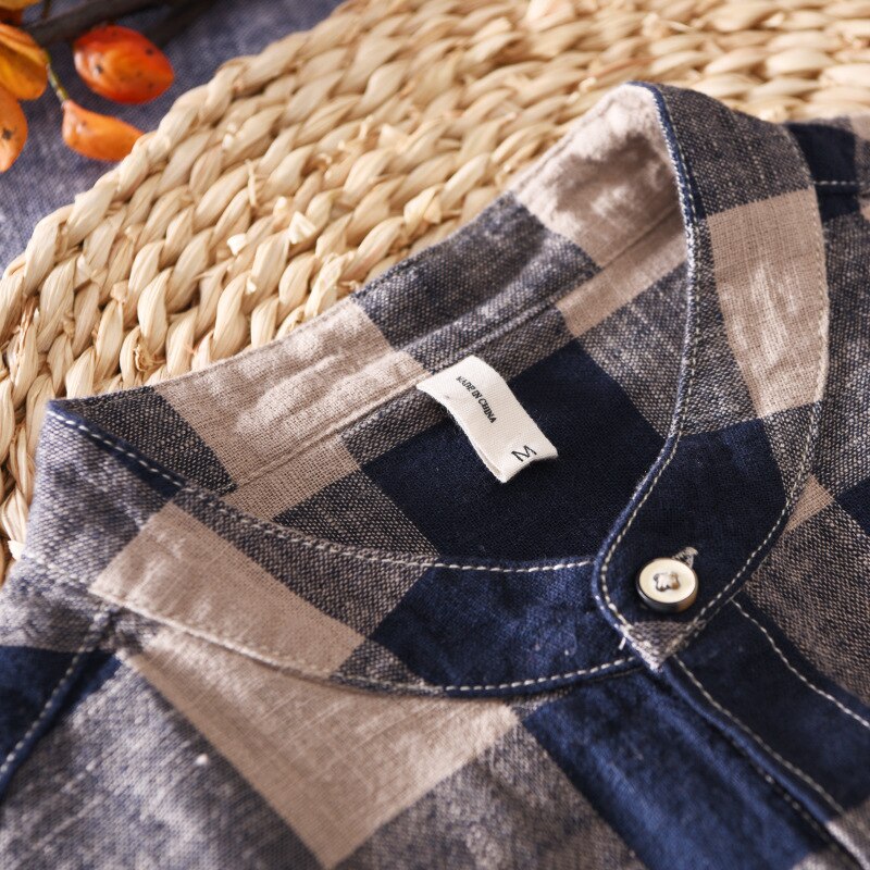 Kolme neljäsosaa hihat ruudullinen paidat mies puuvilla pellava rento yksi tasku topit seisomakaulus hengittävä miesten vaatteet  y2930