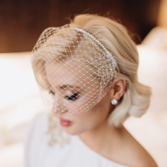 Hvidt pandebånd slør strass hårspænde til brude fuglebur ansigt netmaske hår tilbehør slør charmerende til bryllup fascinator: Stil -3 hvid