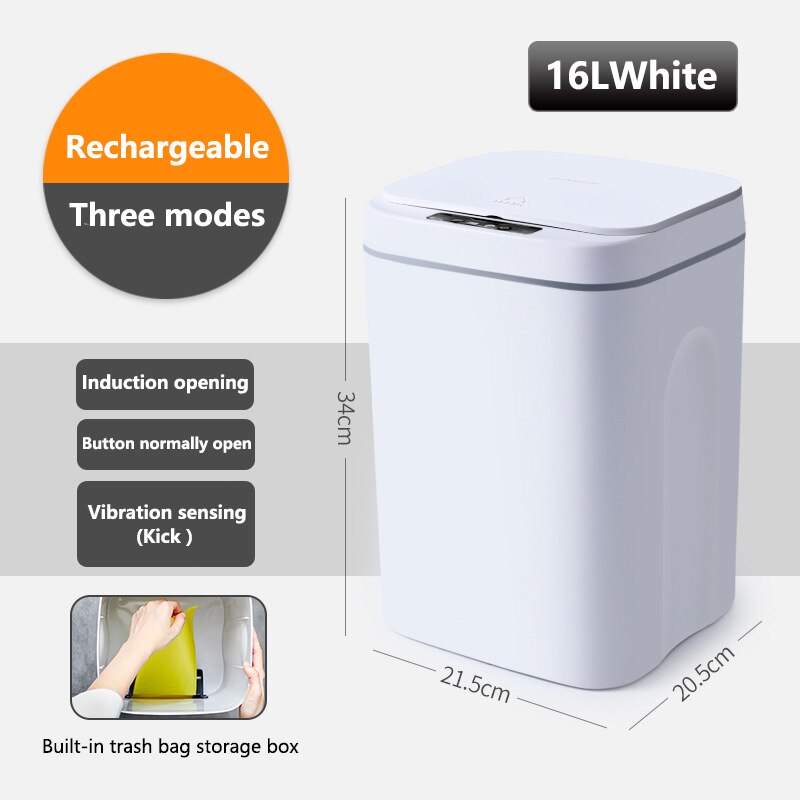 Smart Trash Can Automatic Induction Trash Can with Lid USB Charging Trash Can Bin 12/16L with LED Lights Home Smart Garbage Bin: USB White 16L
