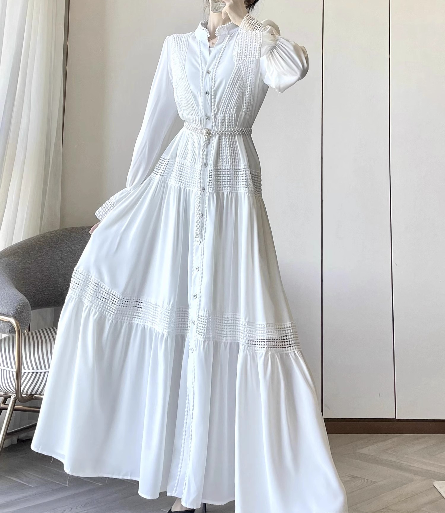 Vintage lös vit klänning bodycon enkelknäppt damkläder catwalk maxi vestidos