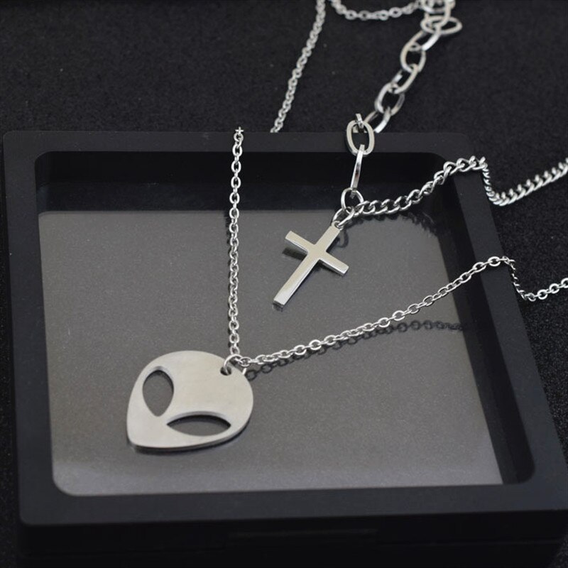 Punk Rock Stainless Steel Long Chain Double Layer Necklace Cross Alien Pendant Disco DJ Band Women Men Guys Necklaces Unisex