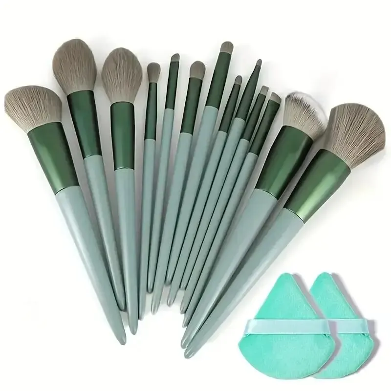 13-Make-up-Pinsel mit Tasche, schnell trocknend, ultraweich, Beauty Tools, tragbares Make-up-Pinsel-Set: green