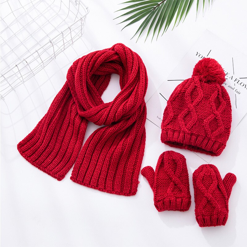 Kids Jongens Meisjes Winter Warm Breien Sjaal Hoed Handschoen Kinderen Baby Sjaals Effen Kleur Geel Rood Gebreide Caps: red(set)