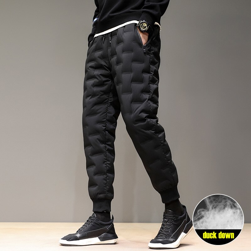 Pantalones con relleno de plumas blanco para hombre, pantalones gruesos de invierno a prueba de viento, pantalones elásticos delgados a prueba de rasguños, pantalones de senderismo para acampar al aire libre
