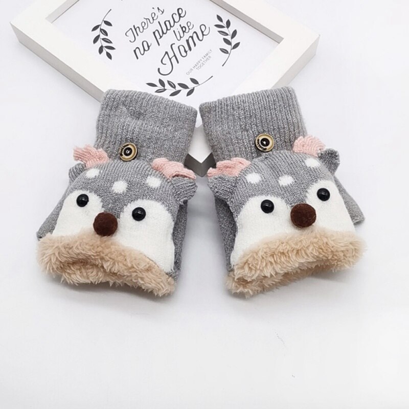 freundlicher Handschuhe freundlicher Baby Winter Strick Verdicken Nette Karikatur Hirsch Vielseitig Baumwolle halb-Finger Handschuhe Fäustlinge Warme 4-8Y Neue: H