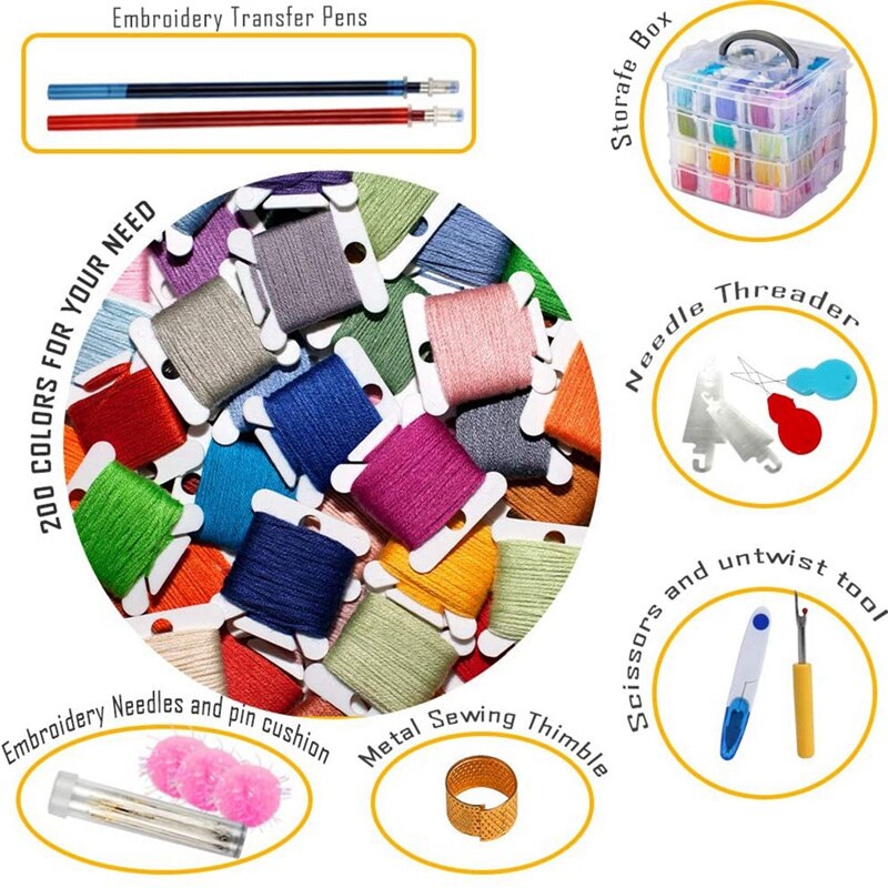 Conjunto de fio dental de bordar, inclui 200 cores, para costura, ponto cruz e 48 peças