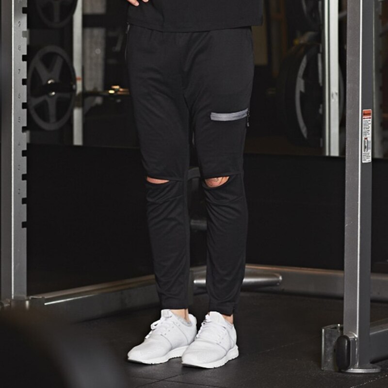 Hole motion pants men's bodybuilding clothing Pantalon men's jogger fitness bodybuilding casual stretch pants: Black / M
