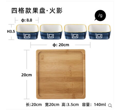 Plato divisor de cerámica para el hogar, bandeja de madera, plato de aperitivos de estilo japonés, con rejilla dividida, plato de fruta seca: K-4PCS