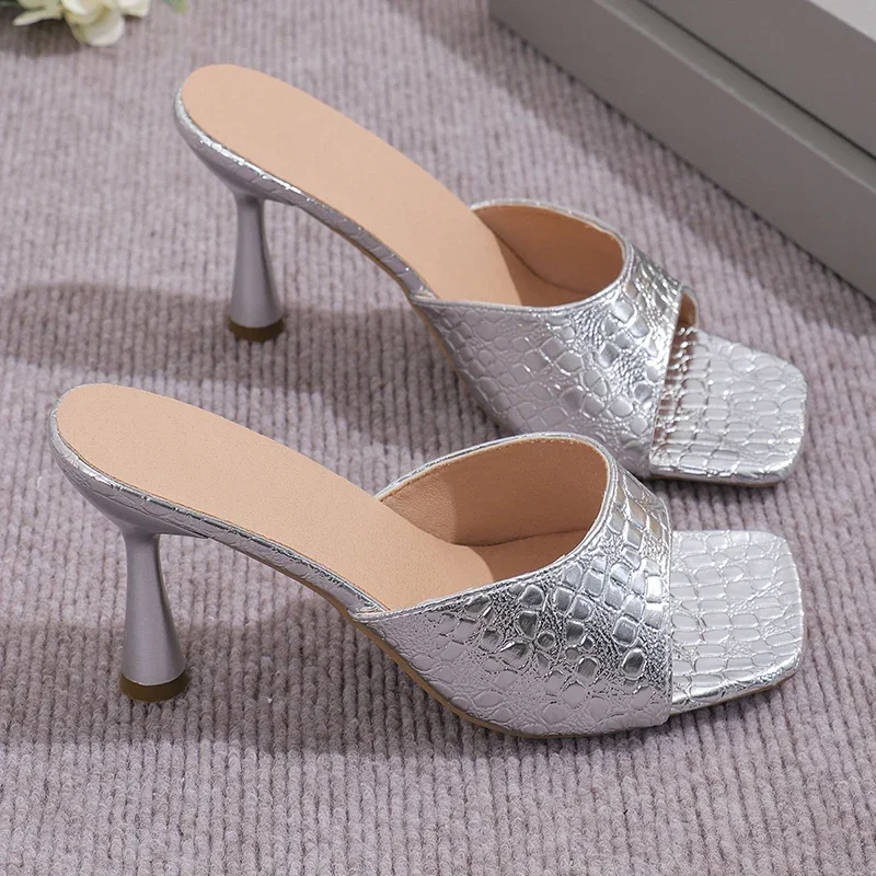 Luxury Gold Silver High Heels Sandals Women Slip On Square Toe Summer Slippers Woman Plus Size 43 Thin Heeled Party Shoes