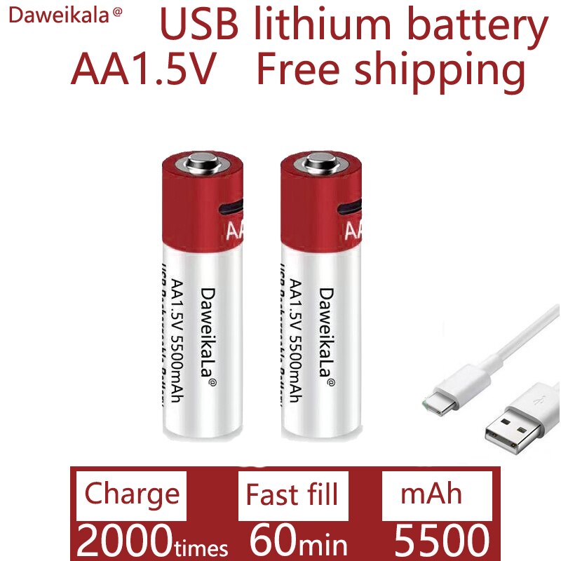 Daweikala-Batería de iones de litio recargable por USB para juguetes, reloj con termómetro, reproductor MP3, teclado, AA, 1,5 mah, 5500 V: 2psc