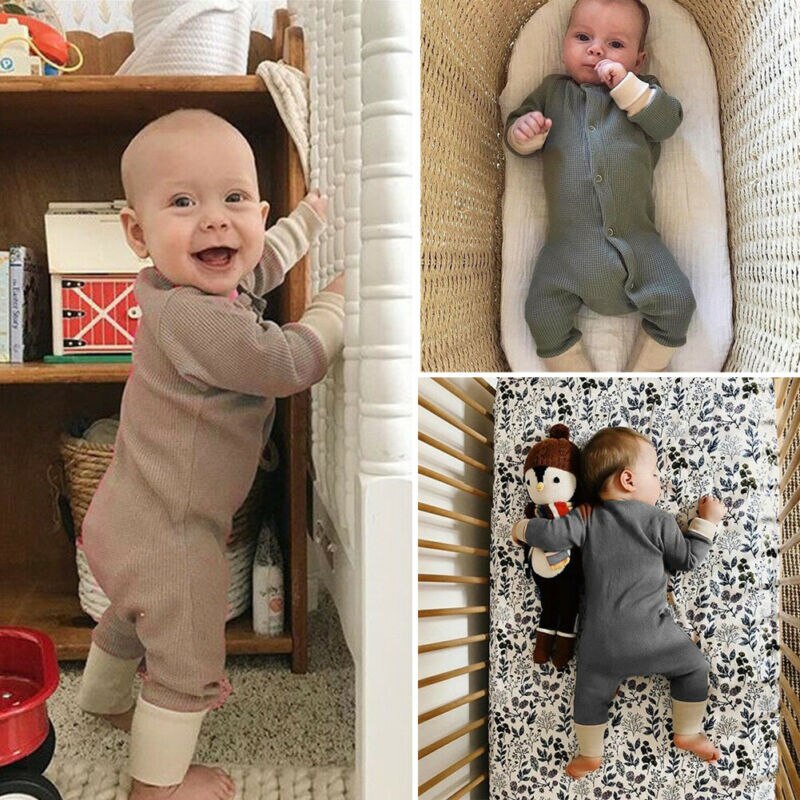 Infant Newborn Baby Boy Cotton Long Sleeve Solid Jumpsuit Romper Playsuit Spring Autumn Outfit Set 3-18M