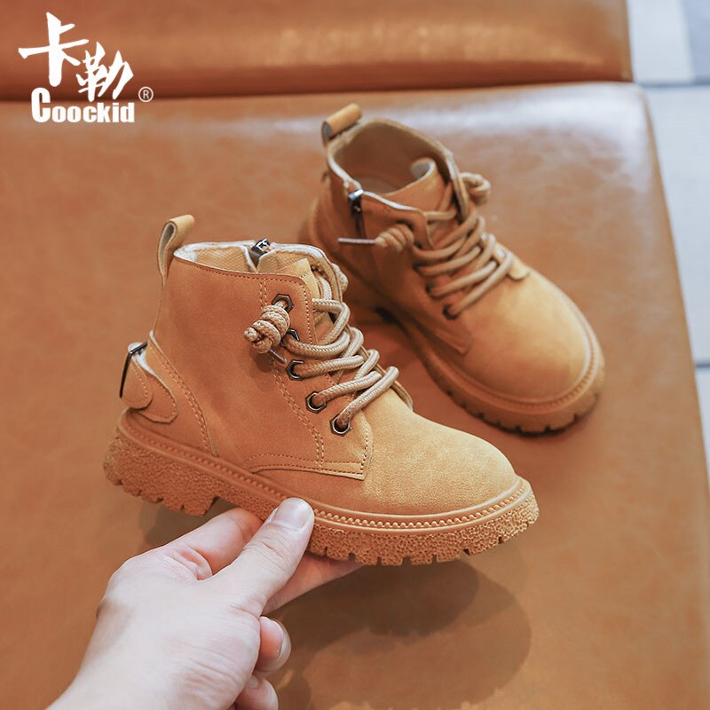 Botas de cuero para niños y niñas, zapatos de felpa a la , impermeables, antideslizantes, cálidos, 21-30, otoño e invierno,: Caqui oscuro / 11.5 (Insole 17.5cm)