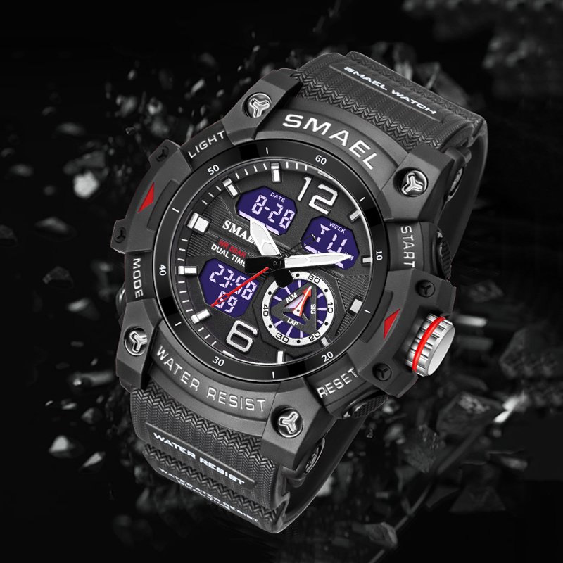 SMAEL – montre de sport pour hommes, double affichage LED, numérique, Quartz, étanche, chronomètre pour étudiants, horloge pour jeunes