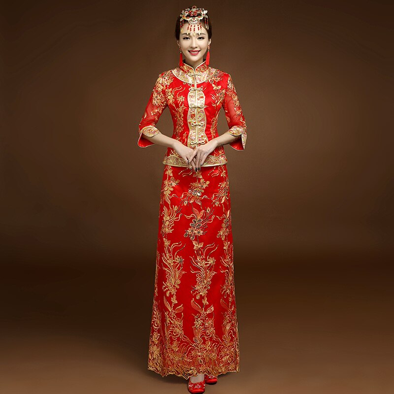 Rode traditionele Chinese stijl Bruid trouwjurken Borduren cheongsam gown robe Party avondjurk trouwen Qipao Vestido S-XXL: Womens - 1 / M