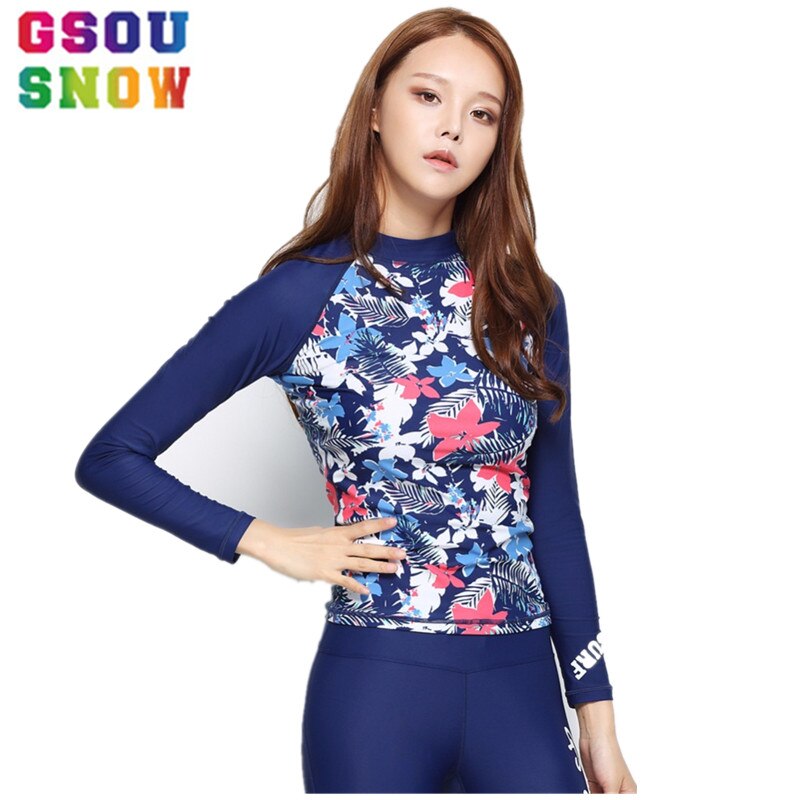 Gsou Sneeuw Rash Guard Shirts Voor Vrouwen Bloem Afdrukken Vrouwelijke Strand Duiken Badmode Tops Lange Dame Surfen T-Shirts