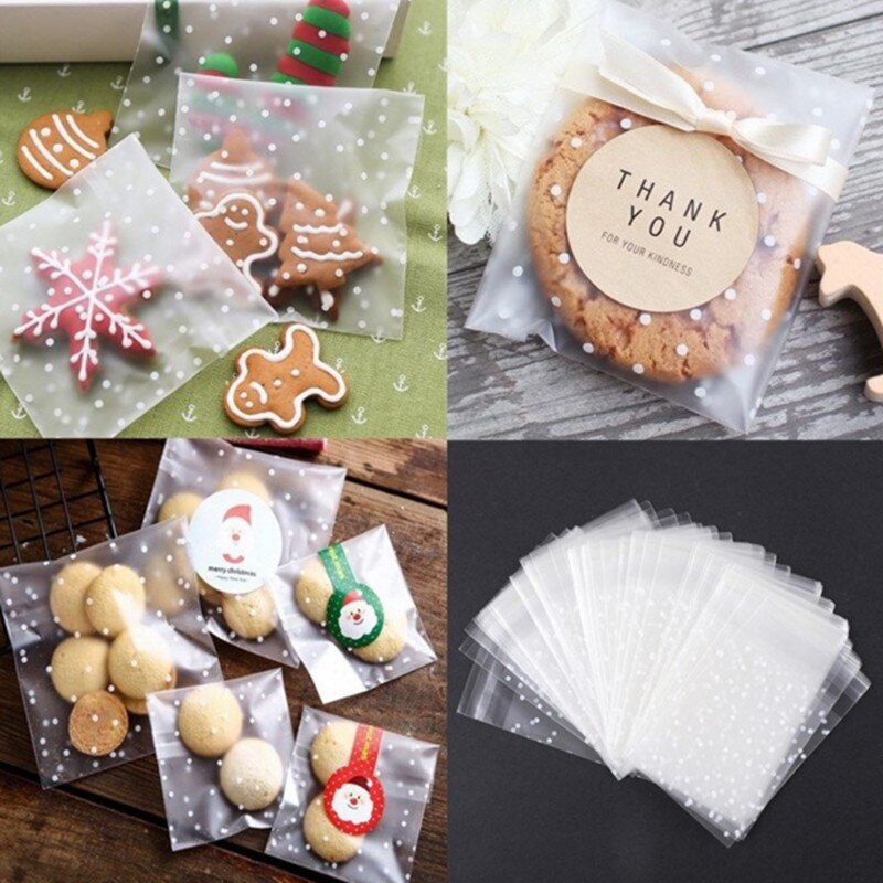 Bolsas transparentes de celofán para galletas, 100 Uds., bolsas de de Navidad, dulces con autoadhesivo de sello DIY para de boda