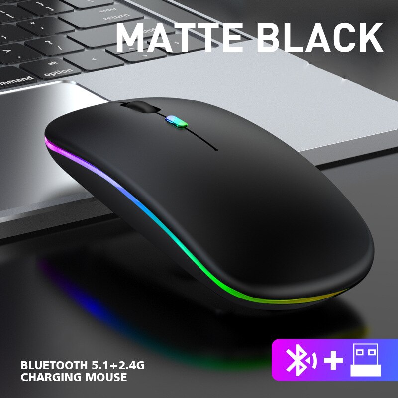 Rechargeable Wireless Mouse USB Bluetooth-compatible RGB Mouse Silent Ergonomic Mouse With Backlight For Laptop PC ipad: BT2.4G Black