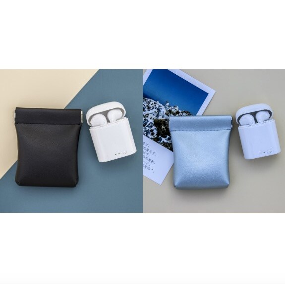 Earbuds USB Pouch Solid Pu Leather Coin Purse Small Wallet Earphone Organized Bag Card Holder for Women Men: 1 black 1 blue