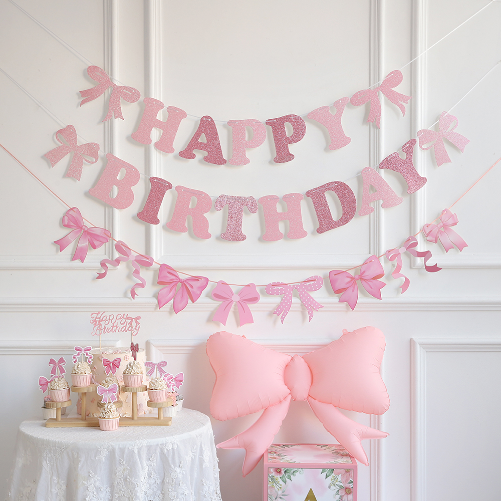 Skinnende rosa sløyfe bursdagsbanner sløyfe spiral kaketopper fotoramme flagg jente bursdag babyshower bryllupsfest dekorasjon