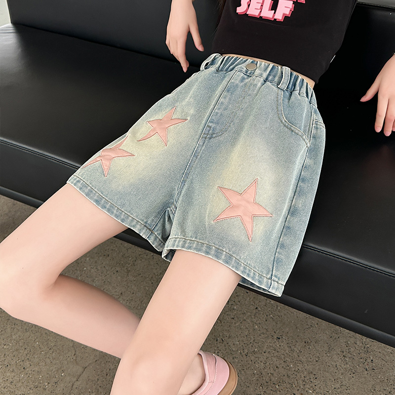Meisjes zomer lederen vijfpuntige ster shorts 2025, nieuw product mode vijfpuntige ster jeans casual sportshorts 5-15 jaar o