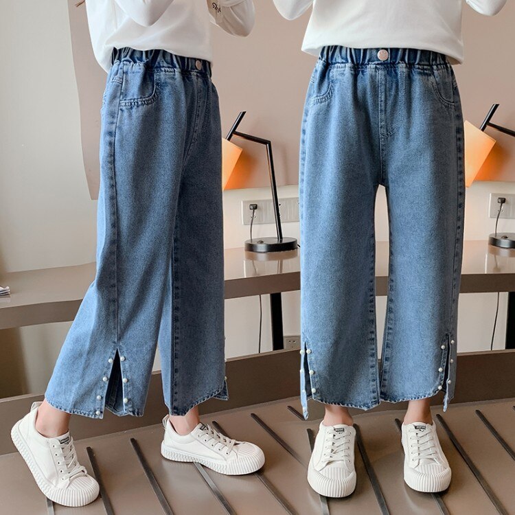 Couleur unie Style décontracté jambe large pantalon jean pour filles enfants jean Denim pantalon automne enfants filles vêtements 6 8 10 12 14 ans