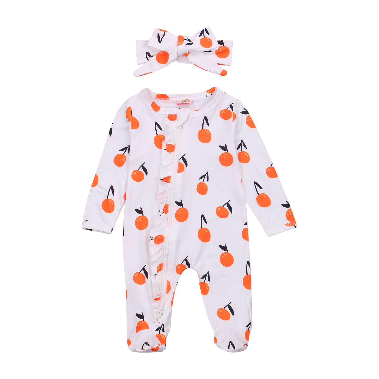 2 Pcs Newborn Baby Girls Boys Cars Footies Print Outfits, Infant Long Sleeve Round Neck Ruffle Footed Jumpsuit + Headband: Orange / 6M