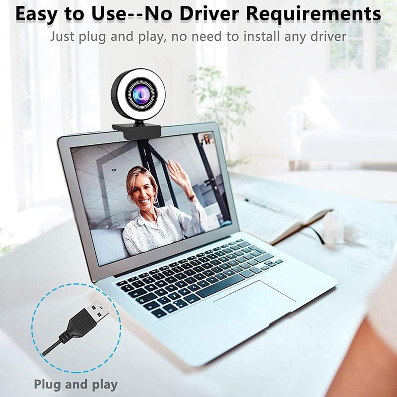 Webcam Ring Light Adjustable Ring Light Web Camera Auto Focus Camera Built-in Mic for Live Broadcast