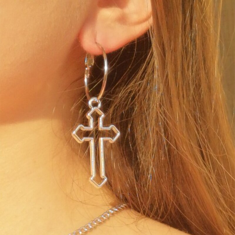 Pendientes colgantes con Cruz hueca para mujer, aretes de Color plateado, círculo redondo, pendientes de gota, joyería