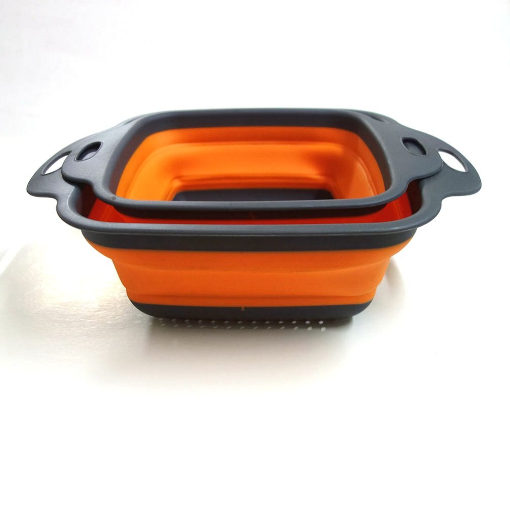 Square Foldable Drain Basket Plastic Fruit Basket Filter Basket Multi-function Washing Dish Telescopic Basket: Orange Square / Square 245 Round 195