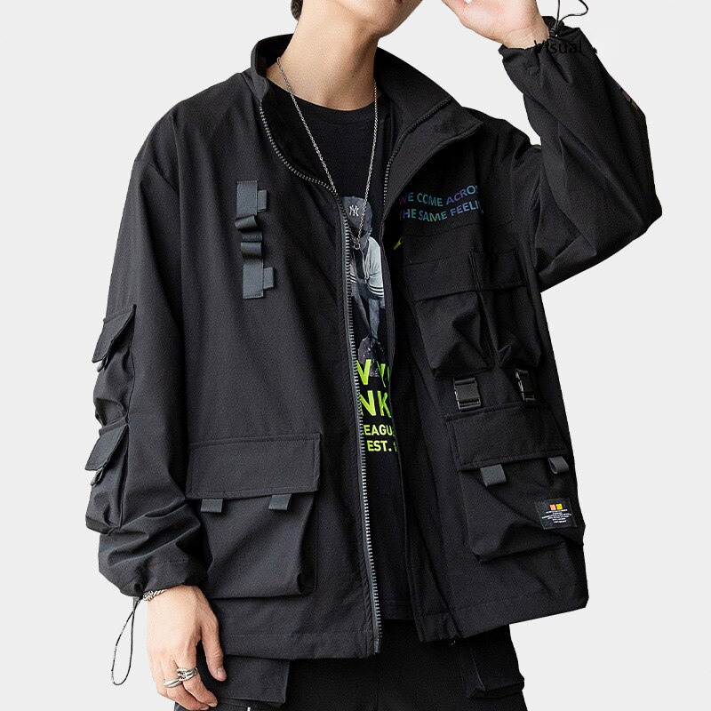 Techwear-chaquetas tipo Cargo con estampado reflectante para hombre, ropa de calle informal con múltiples bolsillos, prendas de vestir holgadas de estilo Harajuku, cortavientos de Hip Hop