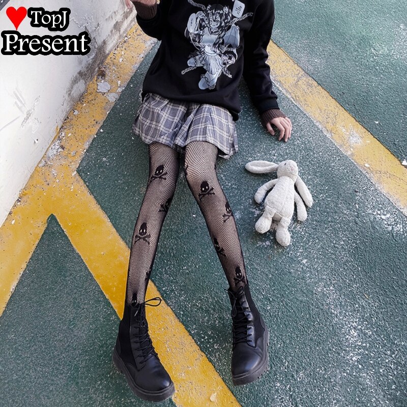 Sexy Women's Fishnet Tights with skull Pattern Mesh Pantyhose Nylons Medias Cute Lolita Collant Hosiery Gothic Street Fish Net