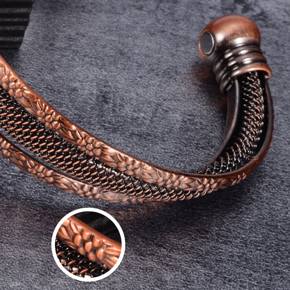 Pulseira de cobre puro torcido flores vintage magnéticas, bracelete de energia saudável, benefícios ajustáveis, pulseiras abertas para homens