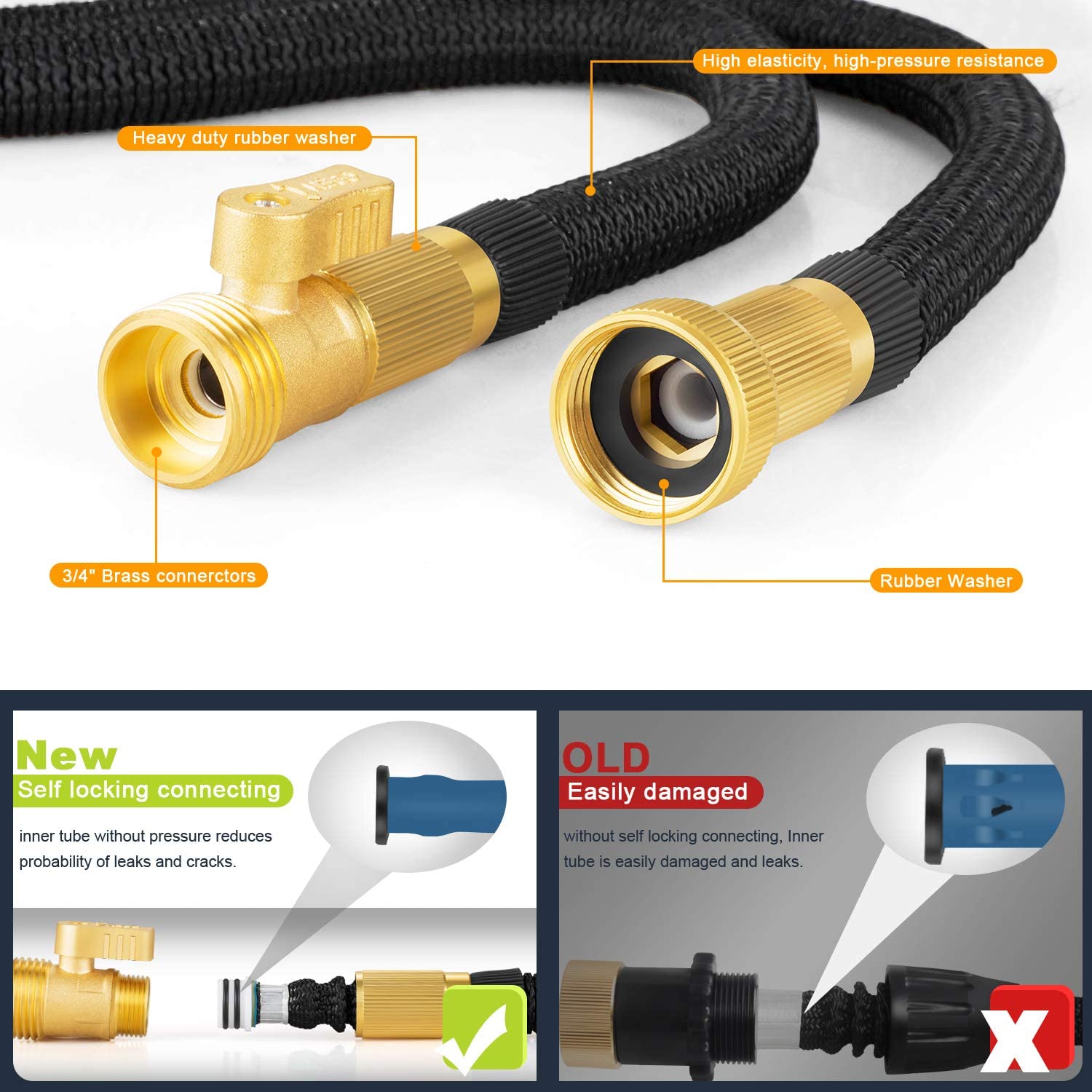 25Ft-100Ft Garden Hose Expandable Hose Retractable Flexible Water Hose with 3/4&quot; Solid Brass Connectors Expanding Pipe for Wash