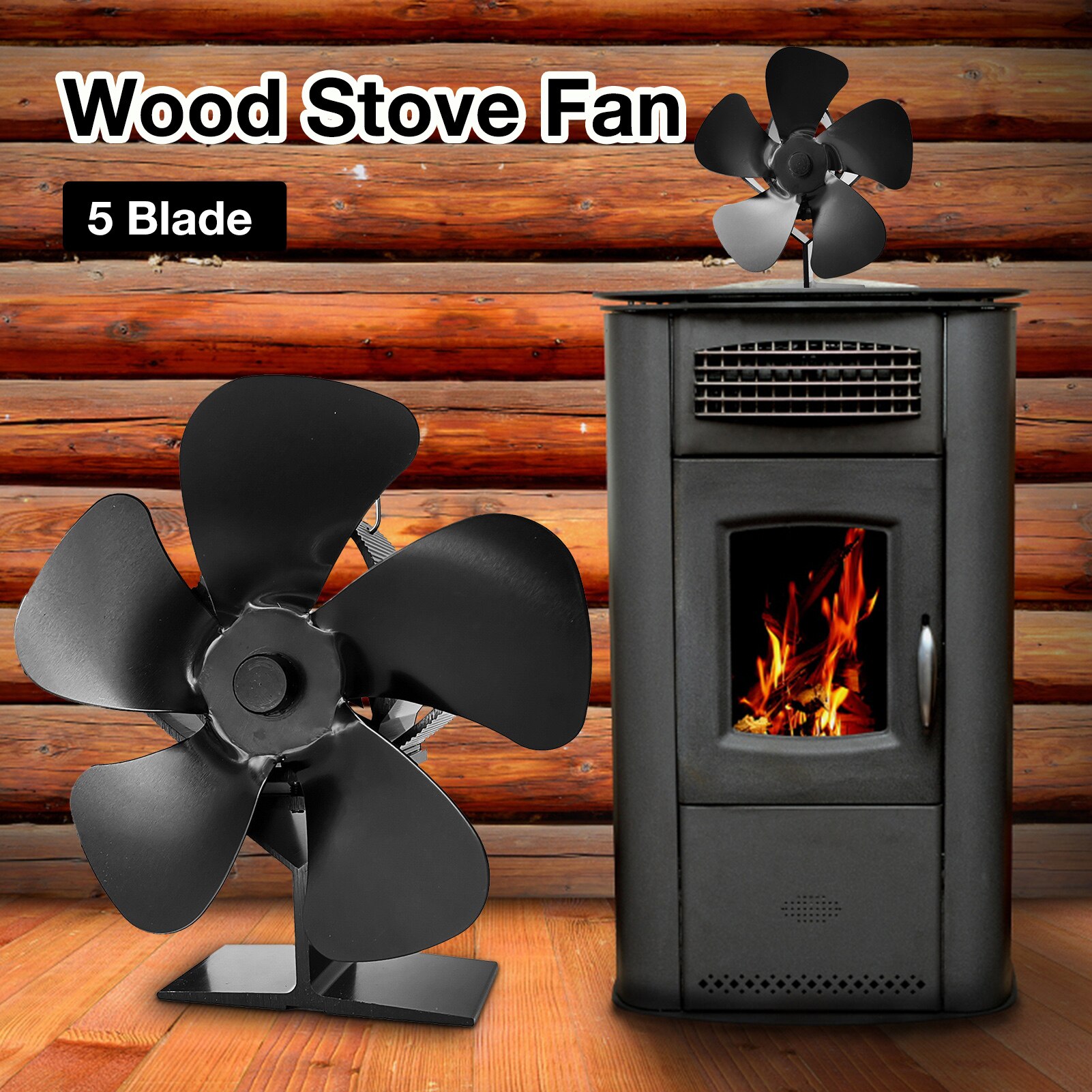 Black Fireplace 5 Blades Aluminum Alloy Heat Powered Stove Fan Log Wood Burner Safe Home Fireplace Fan Efficient Heat Distributi