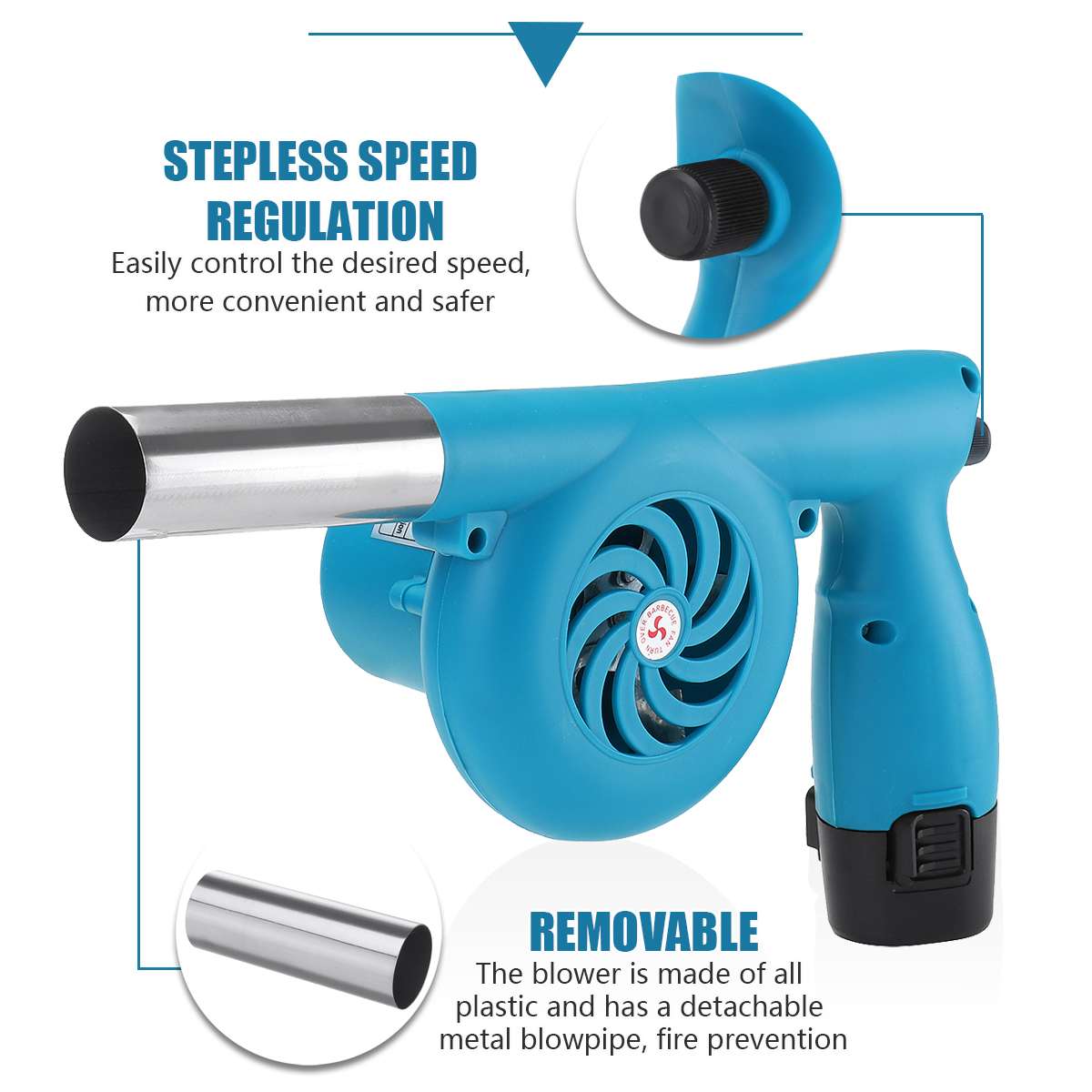 Cordless Electric Air Blower Handheld Leaf Blower Dust Collector Sweeper BBQ Grill Fire Bellows Tools with Li-ion Battery