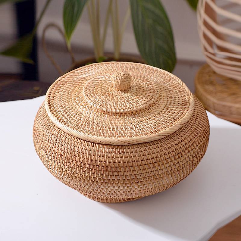 Boîtes rondes en rotin avec couvercle, tissé à la main, plateau en osier polyvalent, panier de rangement de Table à pain, pique-nique 11 pouces panier osier