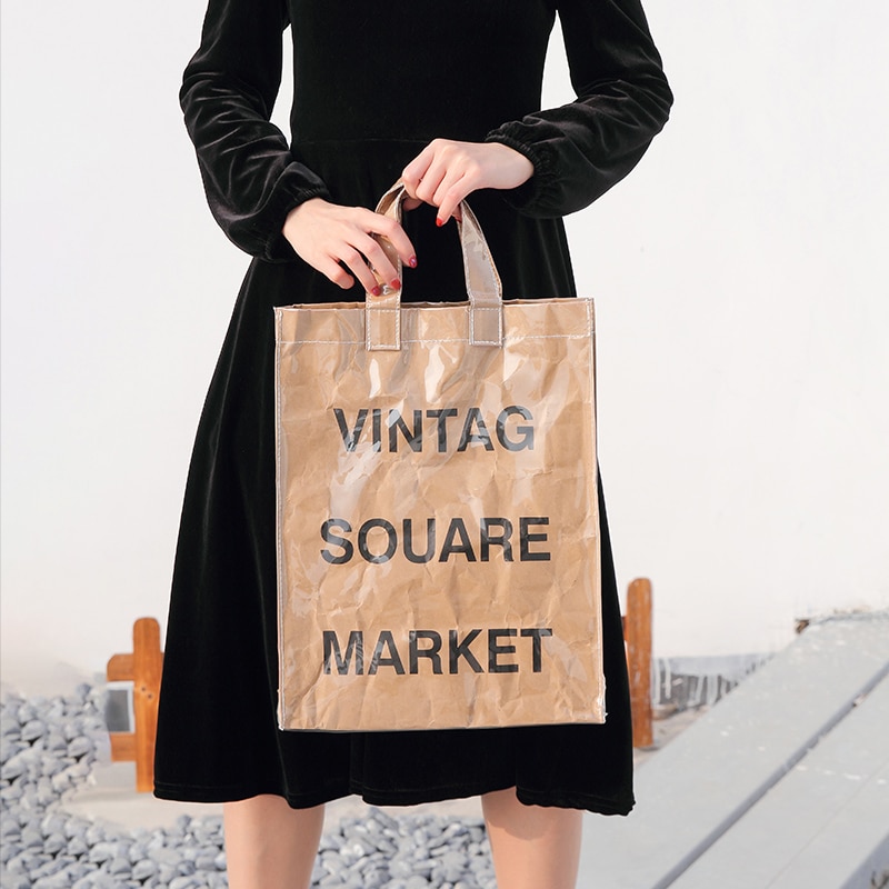 Geplooide Kraftpapier Tote Boodschappentassen Vintage Brief Grote Capaciteit Waterdichte Schoudertas Portemonnee En Handtassen