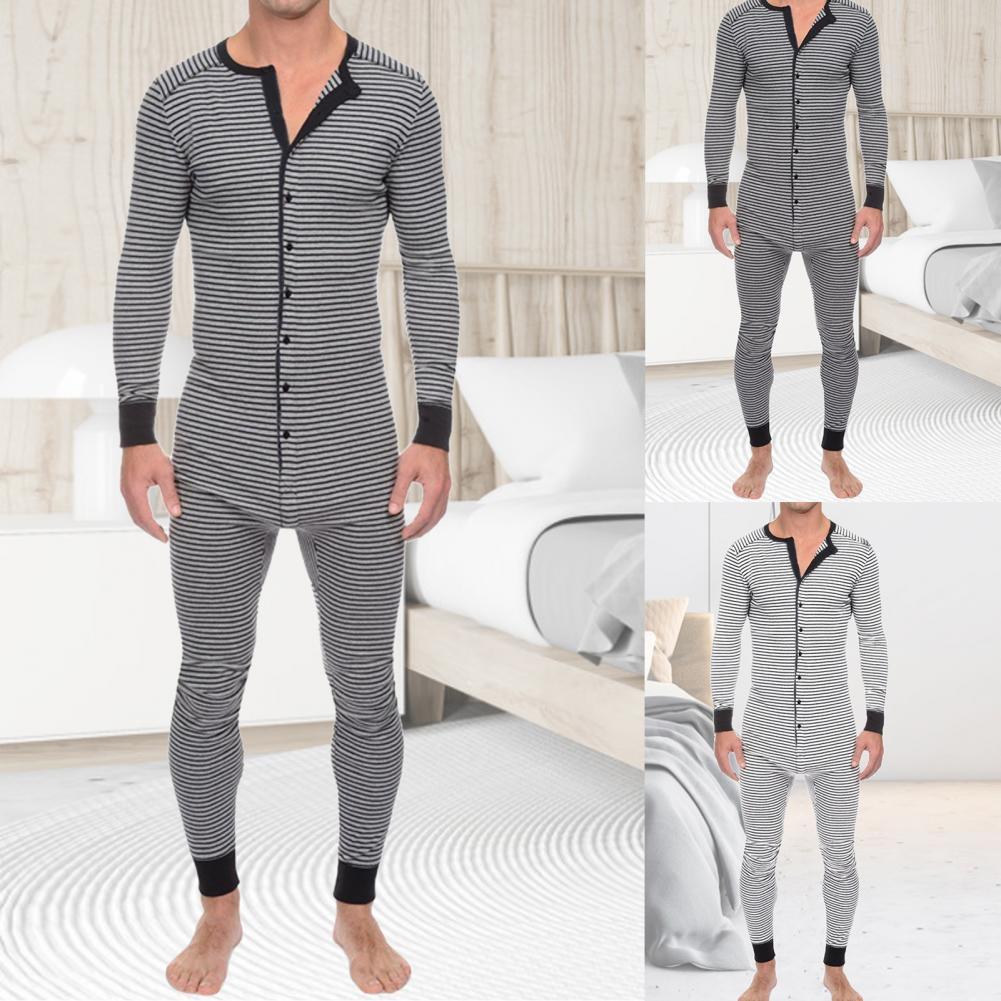 Horizontale Gestreepte Een-Sies Voor Volwassenen Mannen Lange Mouw O Hals Nachtkleding Jumpsuits Mannen Romper Lange Algehele Homewear Mens een-Sies