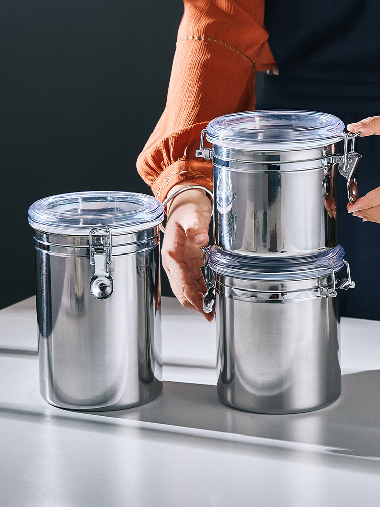 Stainless Steel Coffee Bean Storage Tank Coffee Powder Sealed Tank Food Storage Containers Fresh-Keeping Tank Cereal Dispenser