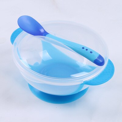 Baby skål temperatur sensing fodring ske barn bordservice mad skål læring retter service plade / bakke sugning servise sæt: Blå omslag