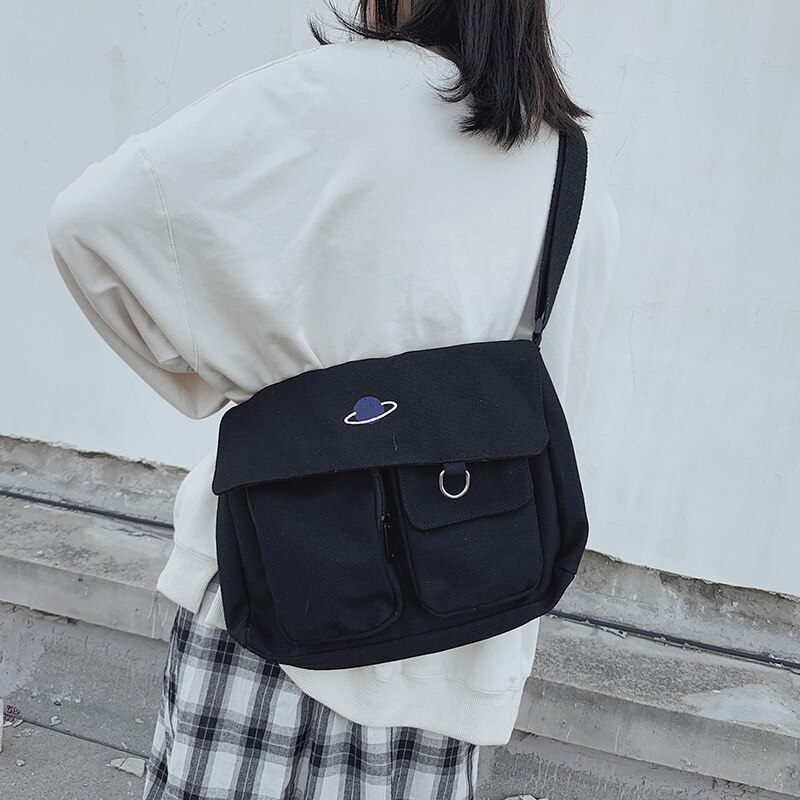 Simple Moon Large Capacity Messenger Handbags Harajuku Casual Ulzzang Women&#39;s College Shoulder Bags Canvas Chic Crossbody Bags: black Planet