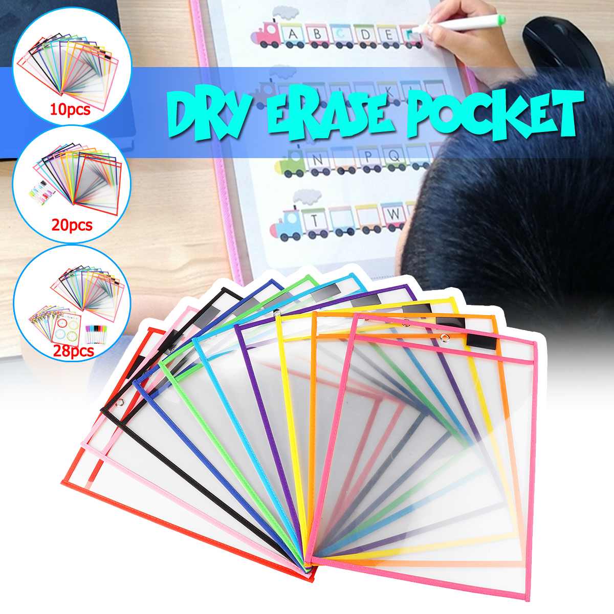Reusable Dry Pockets Transparent Write And Wipe Drawing Board Classroom Teaching Erasable Pockets with Pens Question Sheet