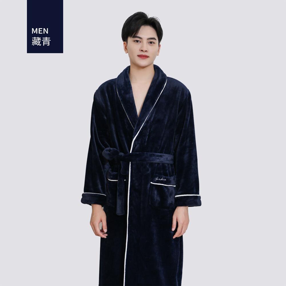 Winter mens Robes Sleepwear Thick Warm Flannel Kimono Bathrobe for men Solid Long Sleeve Coral Velvet Nightwear Homewear: navy blue / XL 75-90kg