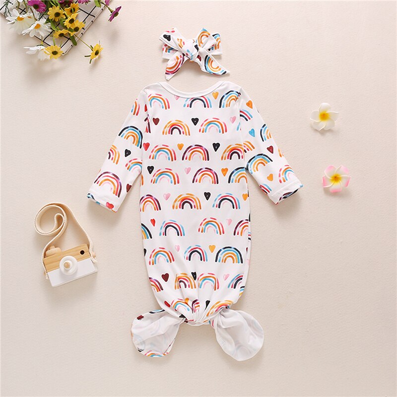 Ropa de dormir para bebé con diadema, estampado de arco iris cuello redondo manga larga ropa de dormir + tocado, blanco