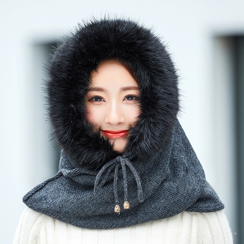 Adult Plus Velvet Hat Female Multi-Fuction Knitted Cashmere Hat Collar Set Winter Neck Warmer Hooded Earmuffs Warm Thickened: Gray