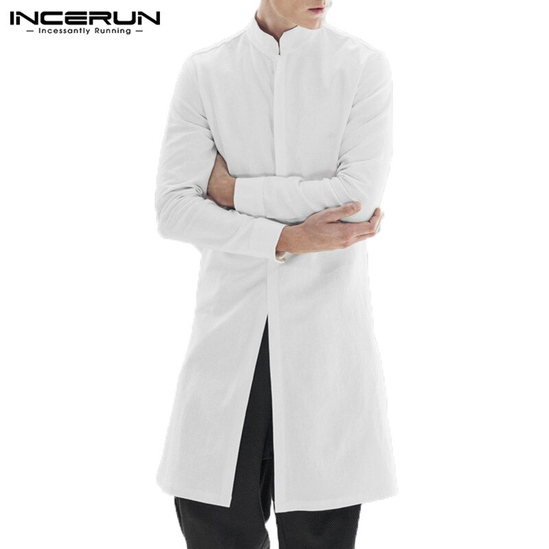 INCERUN Men Shirt Long Sleeve Stand Collar Cotton Vintage Top Men Solid Indian Style Casual Streetwear Men Long Shirt Hombre 5XL: Off White / 5XL
