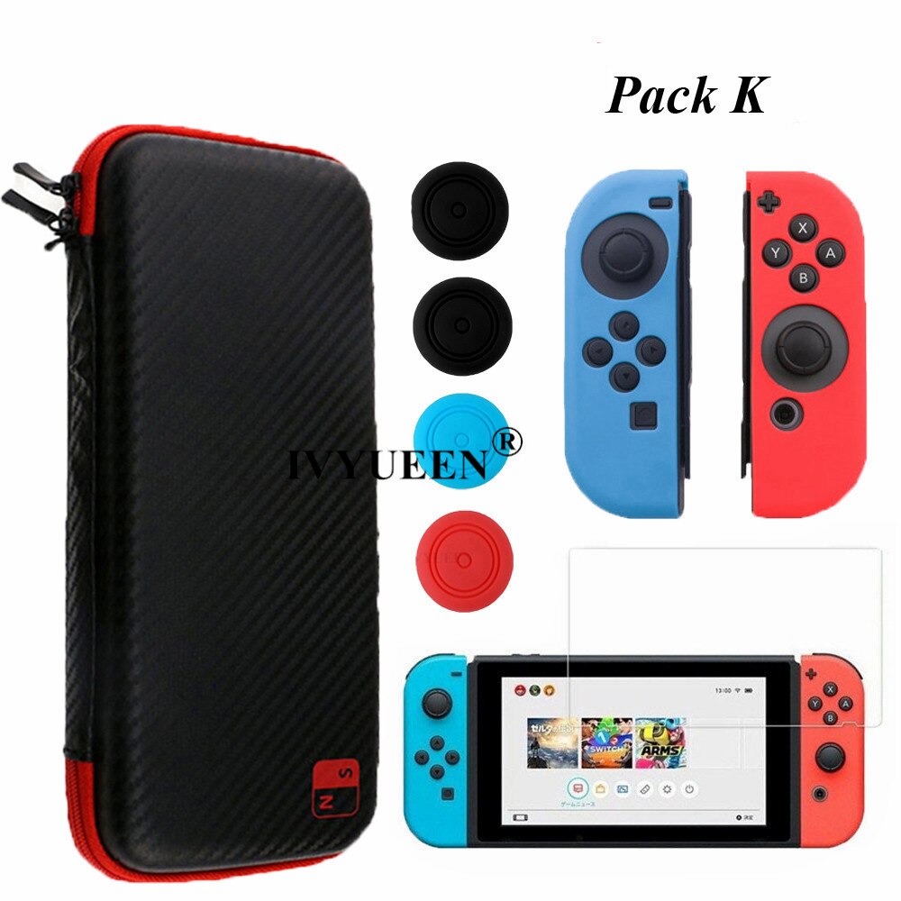 IVYUEEN para la consola Nintendo Switch NS bolsa de almacenaje de transporte protector de pantalla de vidrio templado Shell + funda de silicona para Joy-Con: Pack K