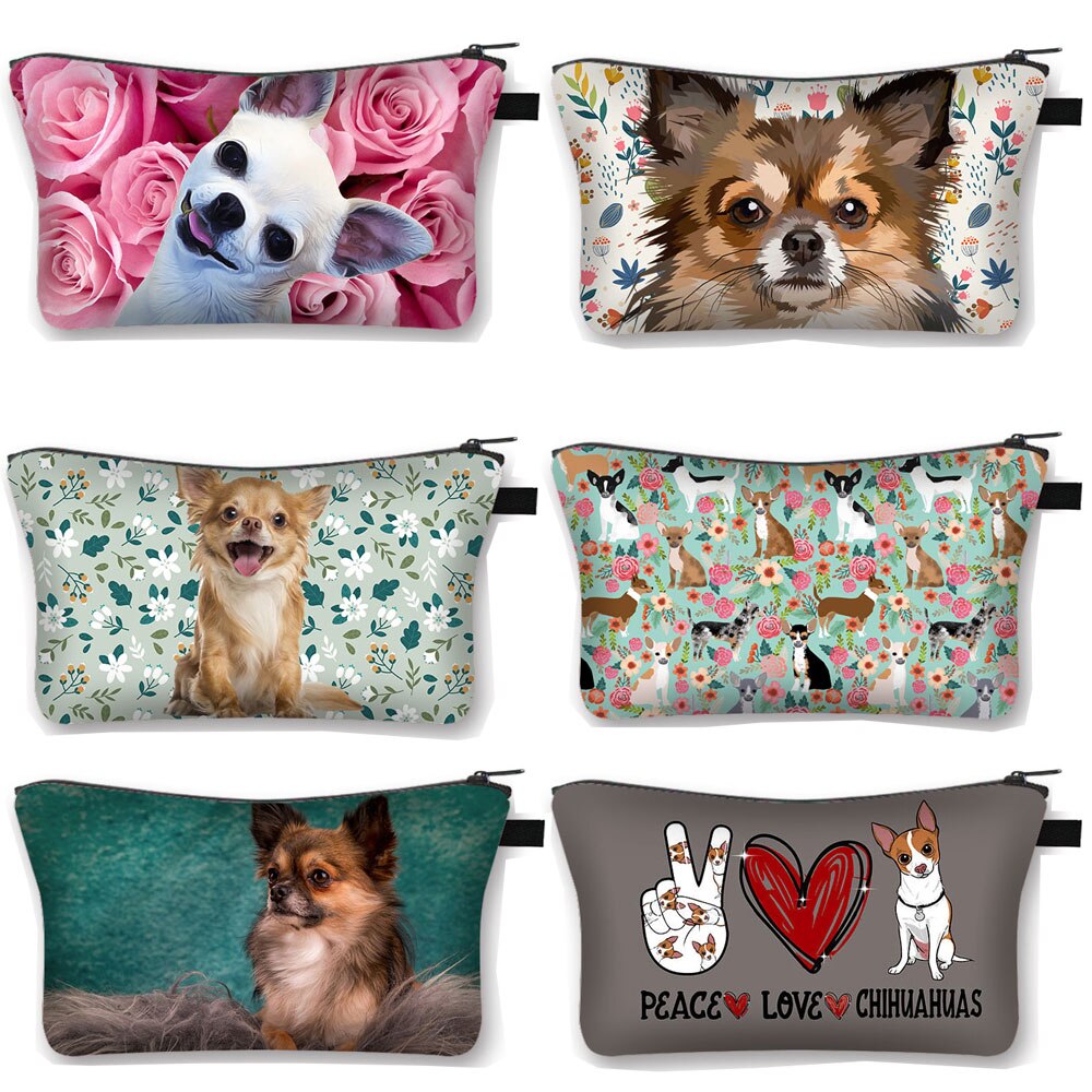 Kawaii pies Chihuahua drukuj kosmetyczka kobiety torebki na makijaż panie szminka przechowywanie torby dla dziewcząt podróżujących kosmetyczka organizatorzy