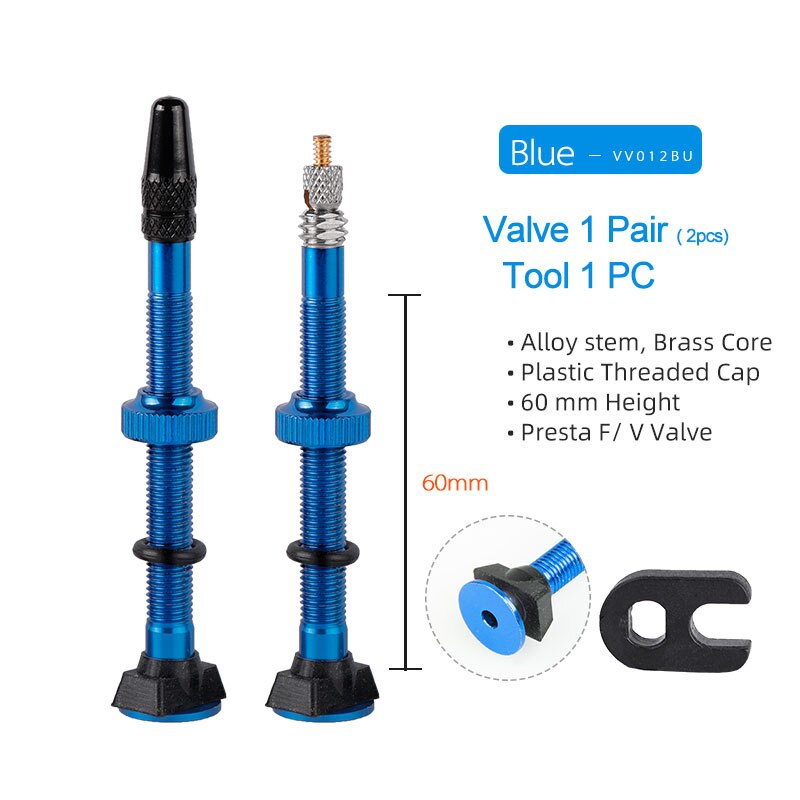 Bicicletta 1 paio 40/45/60mm Presta Valve per strada Tubeless Rim nucleo in ottone con tappo e strumento: 60mm Alloy Blue