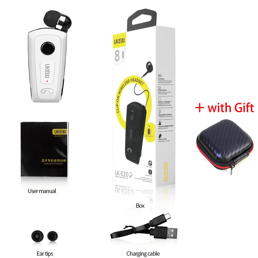 FINEBLUENew-auriculares inalámbricos UK-E20, cascos con Bluetooth, tipo telescópico, con micrófono, vibración de llamada: White with box